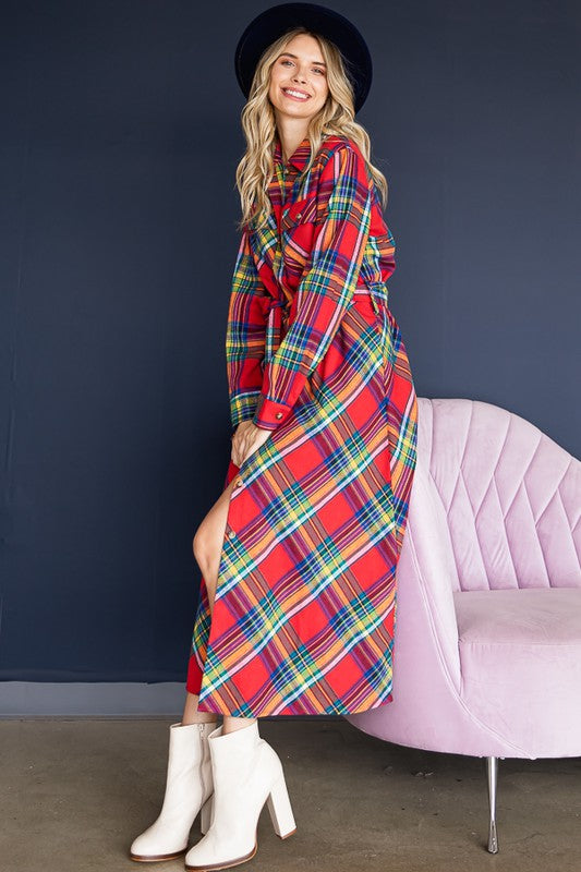 PLAID BELTED LONG SHIRT DRESS Jade By Jane