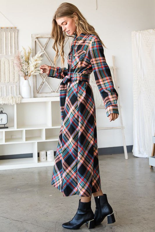 PLAID BELTED LONG SHIRT DRESS Jade By Jane