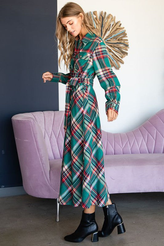 PLAID BELTED LONG SHIRT DRESS Jade By Jane