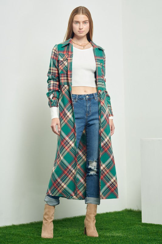 PLAID BELTED LONG SHIRT DRESS Jade By Jane