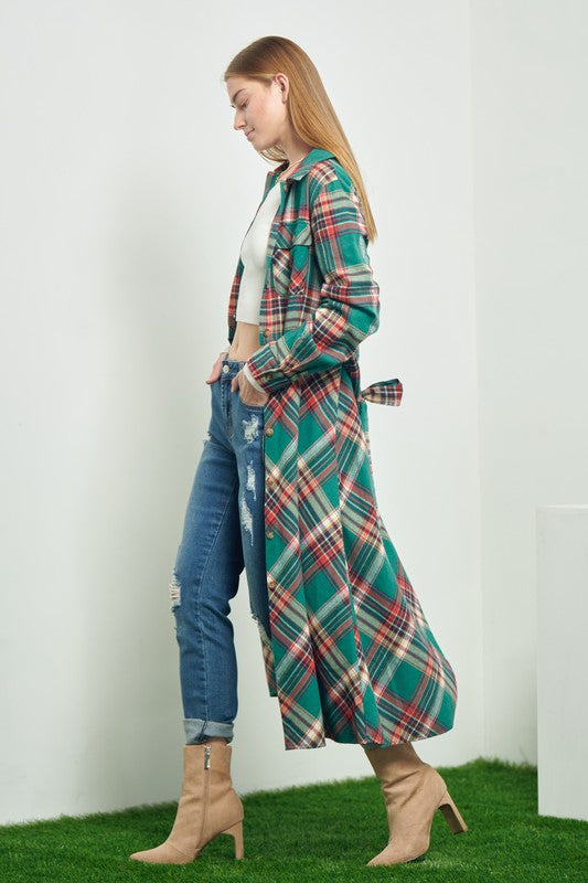 PLAID BELTED LONG SHIRT DRESS Jade By Jane