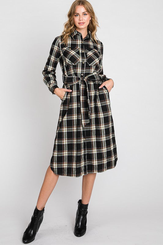 PLAID BELTED LONG SHIRT DRESS Jade By Jane