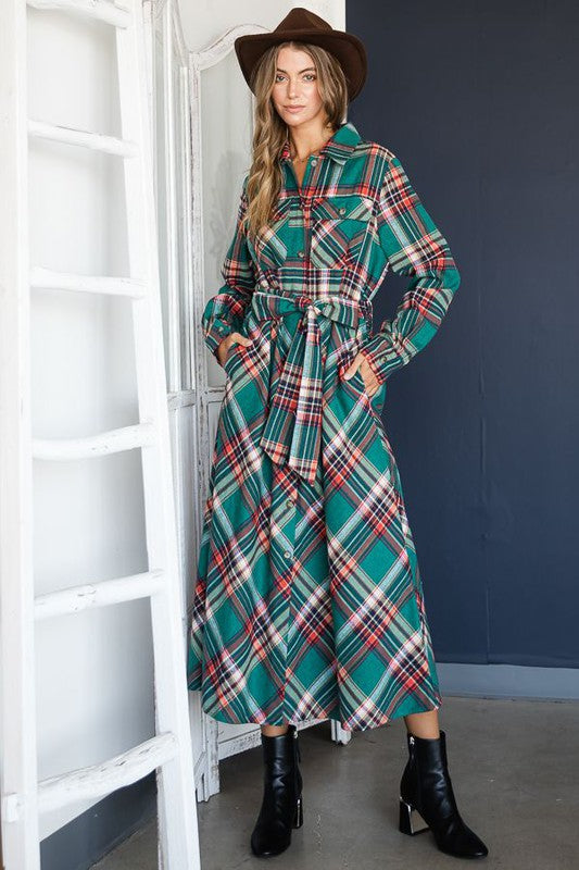 PLAID BELTED LONG SHIRT DRESS Jade By Jane