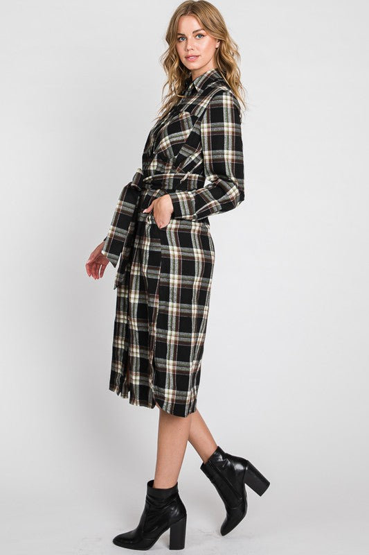 PLAID BELTED LONG SHIRT DRESS Jade By Jane