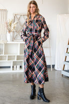 PLAID BELTED LONG SHIRT DRESS Jade By Jane