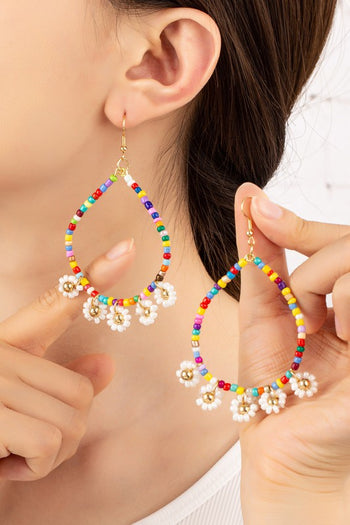 Seed bead daisy charm drop hoop earrings LA3accessories