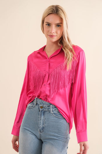 Satin Shirt Blouse with Chevron Fringe Blue B