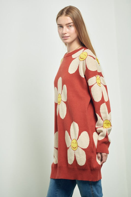 HAPPY FACE FLORAL PRINT KNIT SWETAER Jade By Jane