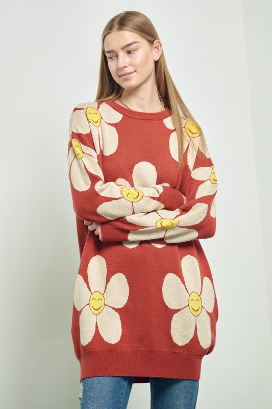 HAPPY FACE FLORAL PRINT KNIT SWETAER Jade By Jane