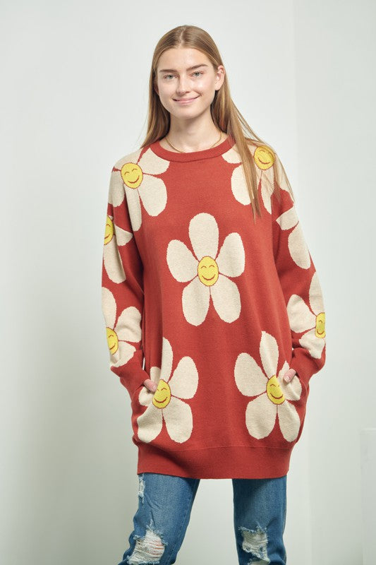 HAPPY FACE FLORAL PRINT KNIT SWETAER Jade By Jane