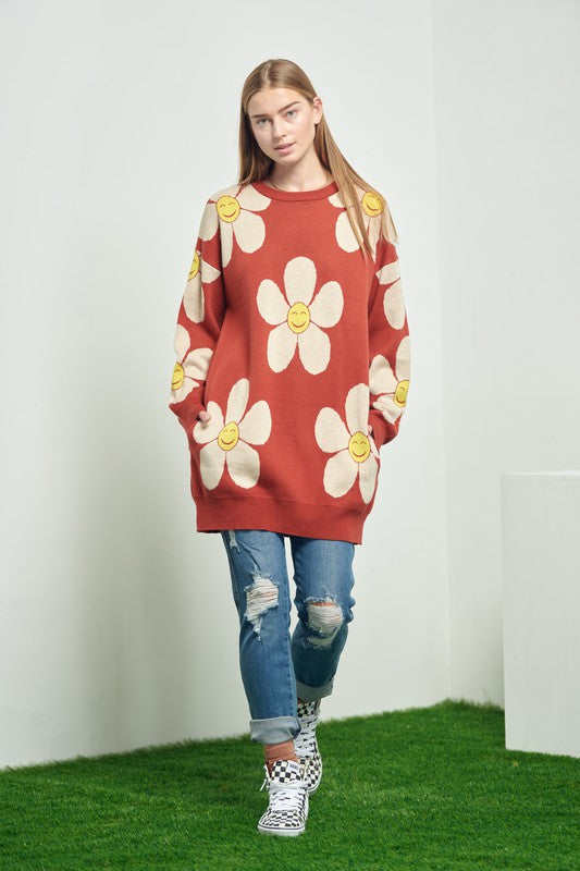 HAPPY FACE FLORAL PRINT KNIT SWETAER Jade By Jane