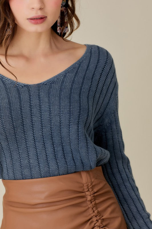 V-Neck Washed Crop Sweater Mustard Seed