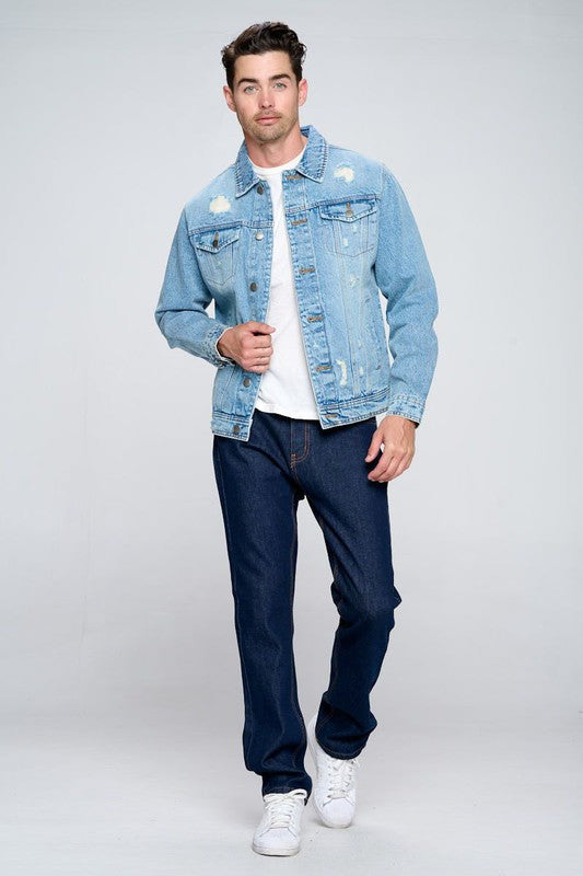 Men's Denim Jacket with Distressed Blue Age