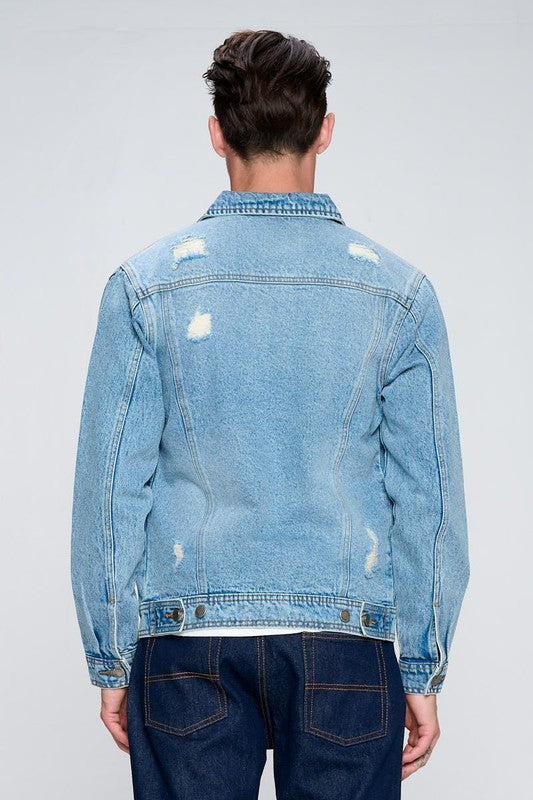 Men's Denim Jacket with Distressed Blue Age