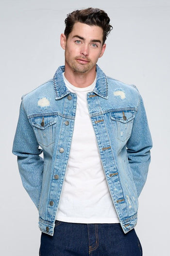 Men's Denim Jacket with Distressed Blue Age