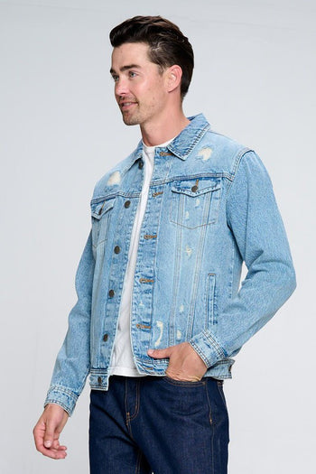 Men's Denim Jacket with Distressed Blue Age