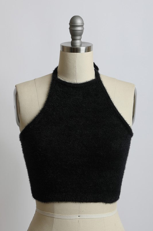 Fuzzy Sweater Halter Cropped Top Leto Accessories