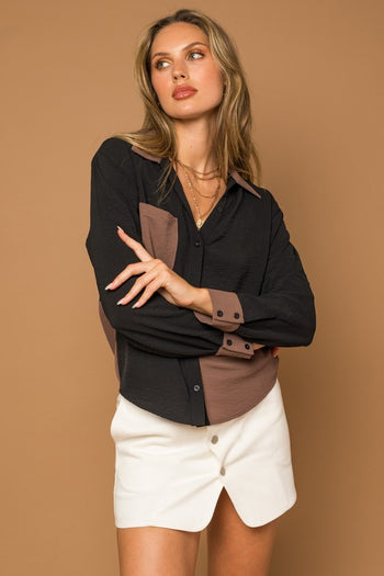 Long Sleeve Contrast Button Down Top Gilli