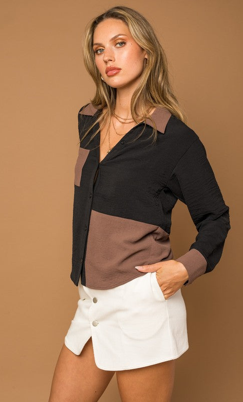 Long Sleeve Contrast Button Down Top Gilli