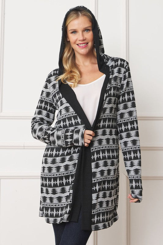 Long Tribal Print Hooded Cardigan EG fashion