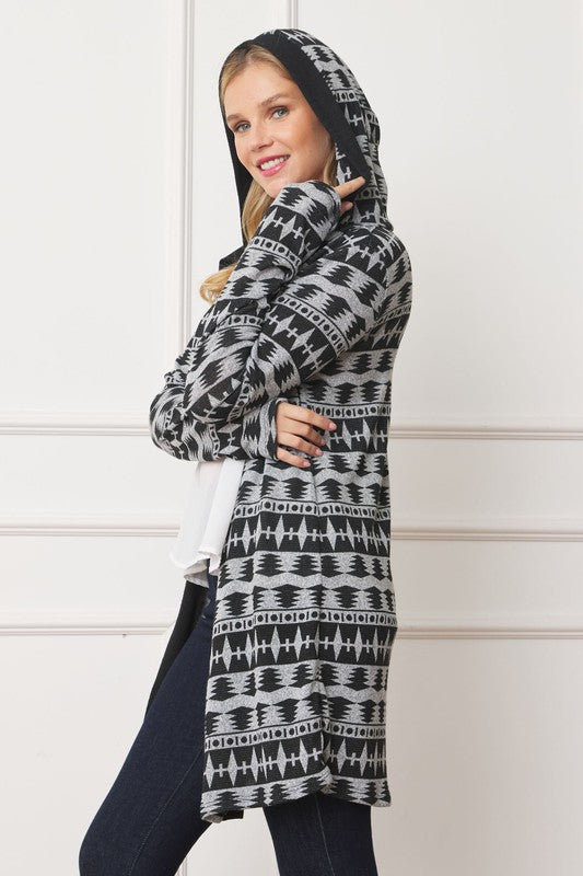 Long Tribal Print Hooded Cardigan EG fashion