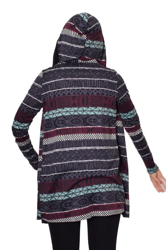 Long Tribal Print Hooded Cardigan EG fashion