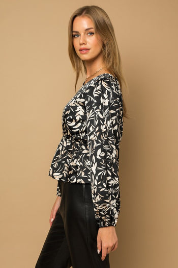 L/S Back Tie Peplum Floral Top Gilli