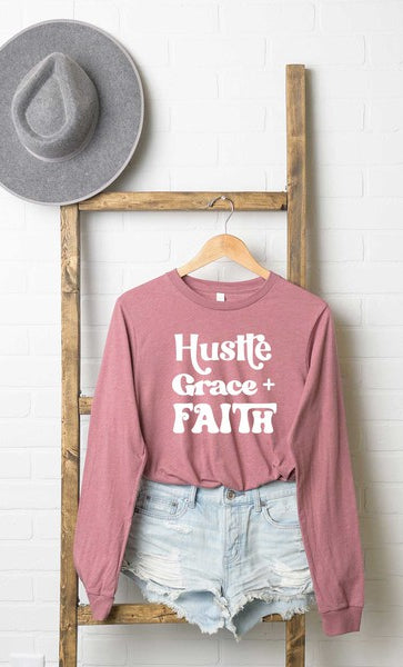 Hustle Grace Faith Long Sleeve Graphic Tee Uplifting Threads Co