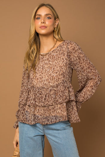 L/S Ruffle Layered Abstract Print Top Gilli