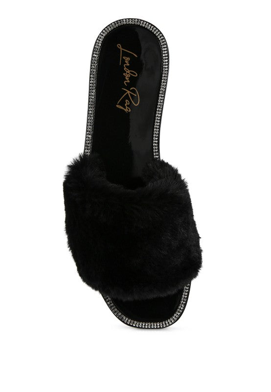 Geese Faux Fur Diamante Detail Jelly Flats Rag Company