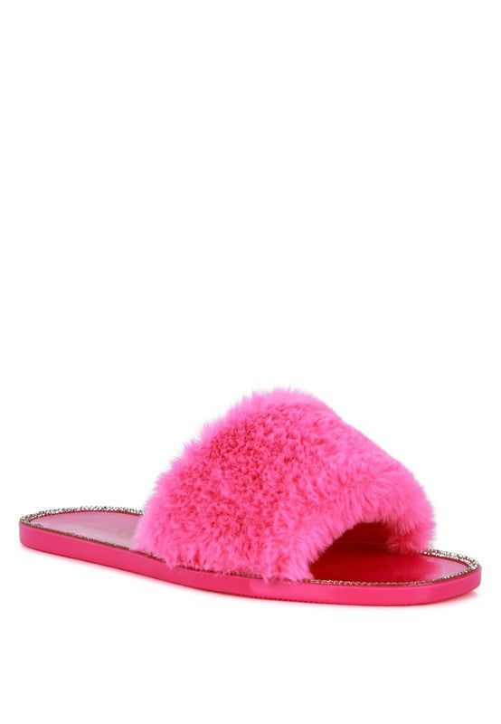 Geese Faux Fur Diamante Detail Jelly Flats Rag Company