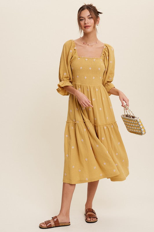 Ditzy Floral Embroidery Puff Sleeve Maxi Dress Listicle