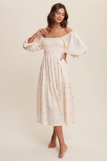 Ditzy Floral Embroidery Puff Sleeve Maxi Dress Listicle