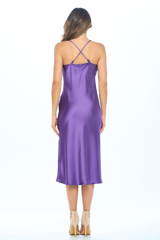 Made in USA Satin Bias Slip Dress with Slit Renee C.