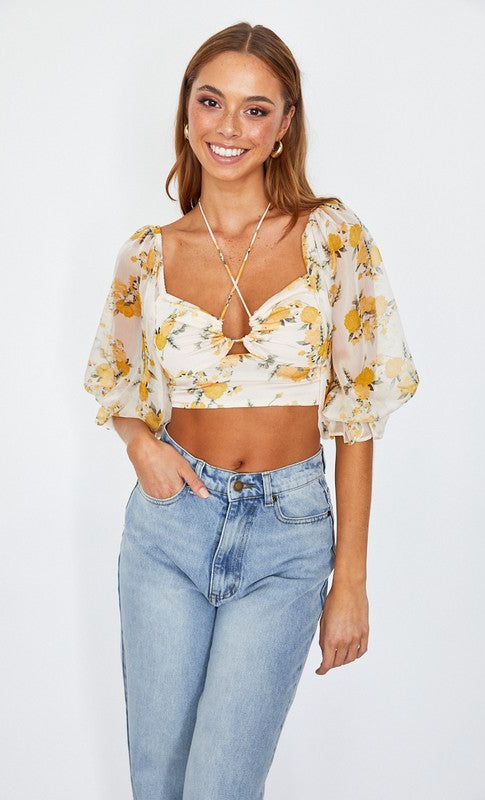 Chiffon Balloon Sleeved Bustier Crop Top One and Only Collective Inc