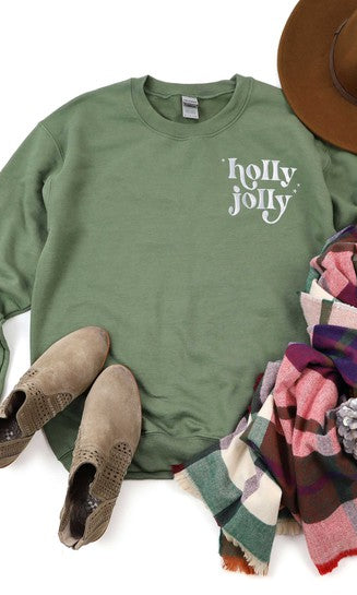 Embroidered Holly Jolly Stars Graphic Sweatshirt Olive and Ivory Wholesale