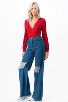 Romantic V-Neck Balloon Sleeve Tie-Back Bodysuit O2 Denim