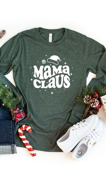 Mama Claus Long Sleeve Graphic Tee Olive and Ivory Wholesale