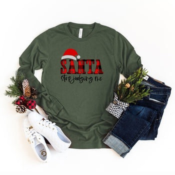 Santa Stop Judging Me Plaid Long Sleeve Tee Olive and Ivory Wholesale