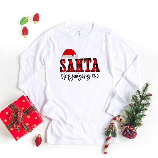 Santa Stop Judging Me Plaid Long Sleeve Tee Olive and Ivory Wholesale