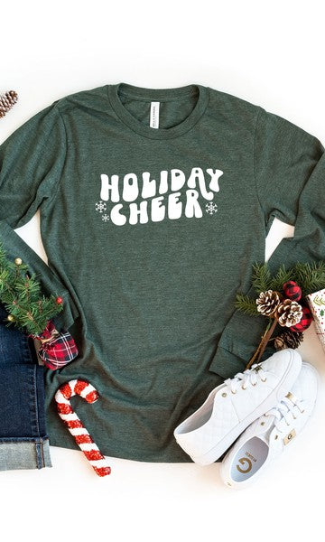 Holiday Cheer Wavy Long Sleeve Graphic Tee Olive and Ivory Wholesale