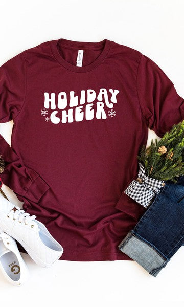 Holiday Cheer Wavy Long Sleeve Graphic Tee Olive and Ivory Wholesale