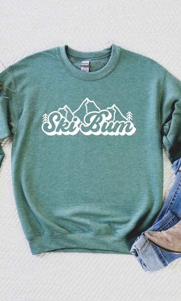 Ski Bum Mountains Graphic Sweatshirt Olive and Ivory Wholesale