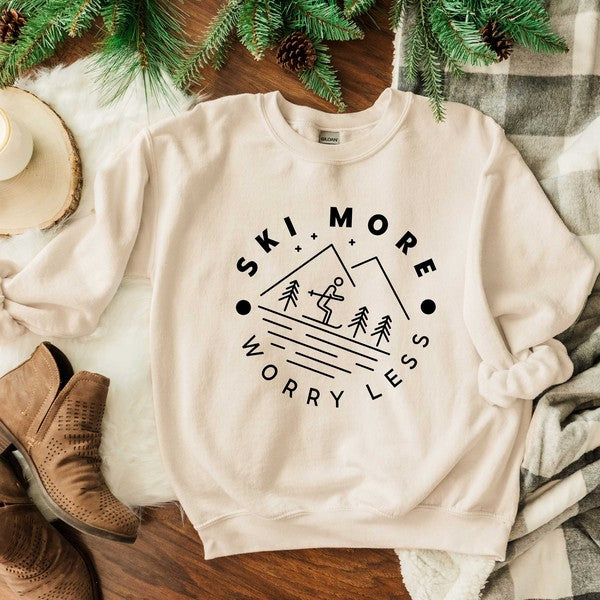 Ski More Worry Less Graphic Sweatshirt Olive and Ivory Wholesale