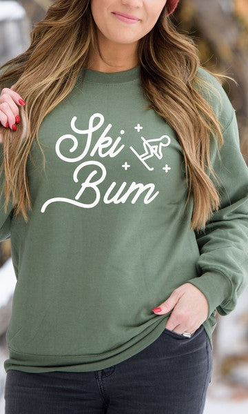 Ski Bum Skier Graphic Sweatshirt Olive and Ivory Wholesale