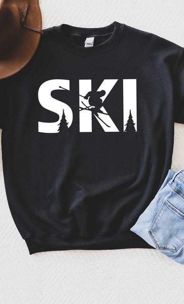 Ski With Trees Graphic Sweatshirt Olive and Ivory Wholesale