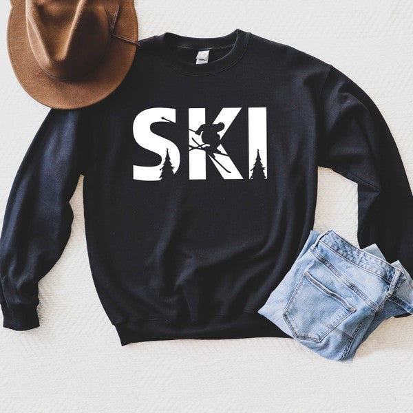 Ski With Trees Graphic Sweatshirt Olive and Ivory Wholesale