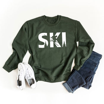 Ski With Trees Graphic Sweatshirt Olive and Ivory Wholesale