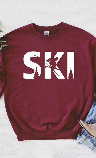 Ski With Trees Graphic Sweatshirt Olive and Ivory Wholesale