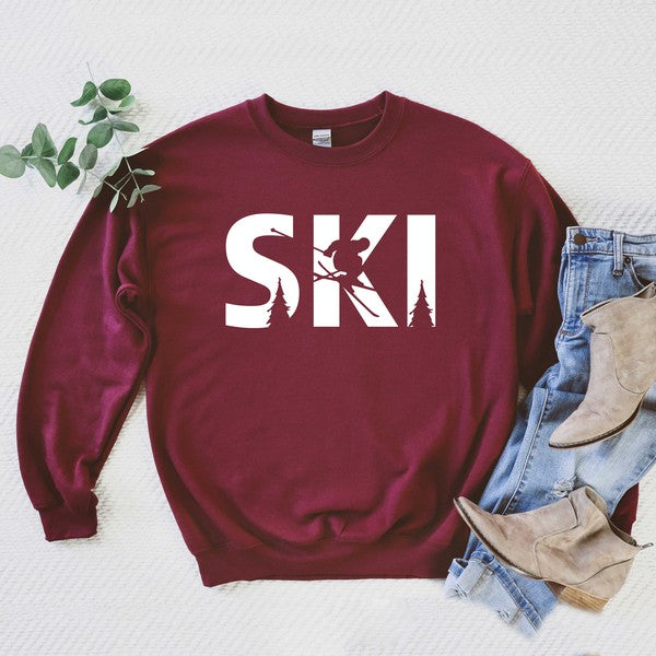 Ski With Trees Graphic Sweatshirt Olive and Ivory Wholesale